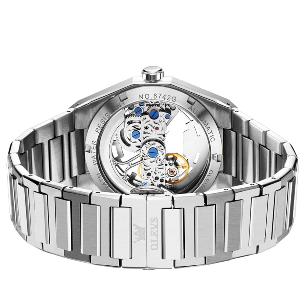 OLEVS Montre squelette automatique pour hommes montres mécaniques de luxe | Montre-bracelet à remontage automatique, sans pile, acier inoxydable, étanche 3TM, montre de sport, 42 mm