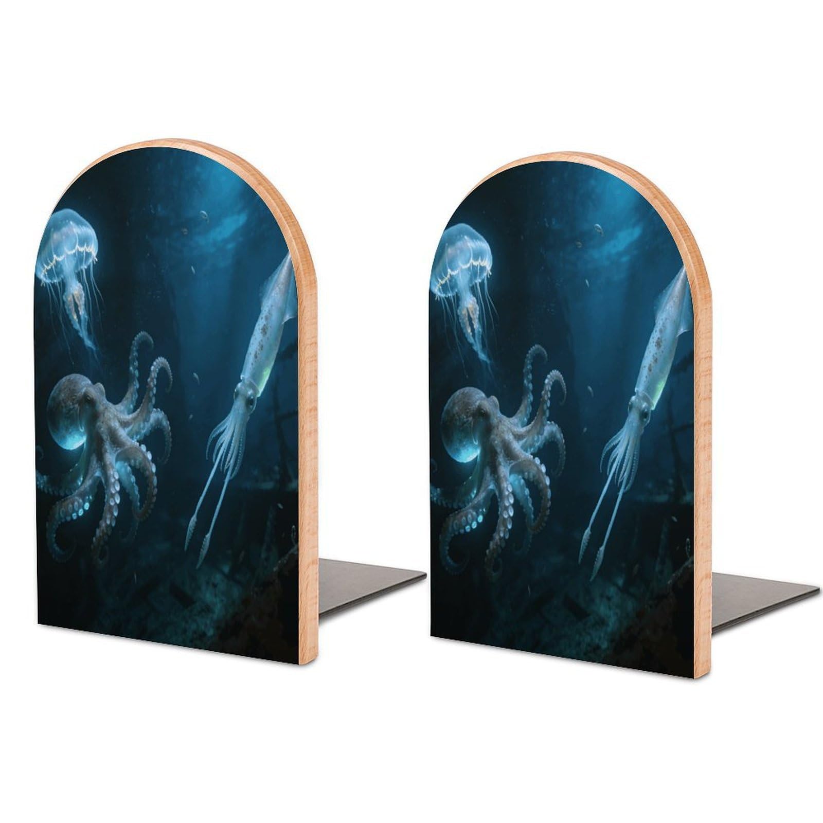 Octopus Squid Jellyfish Book Ends Wood Non-Skid Bookend for Shelves Heavy Duty Bookends with Metal Base Decorative Books Stopper Desk Organizers Book Dividers for Office Home 1 Pair