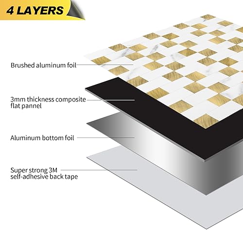 Vista 6 de Yipscazo Azulejo de protección contra salpicaduras para despegar y pegar, azulejos metálicos de acero inoxidable para paredes de cocina en mármol