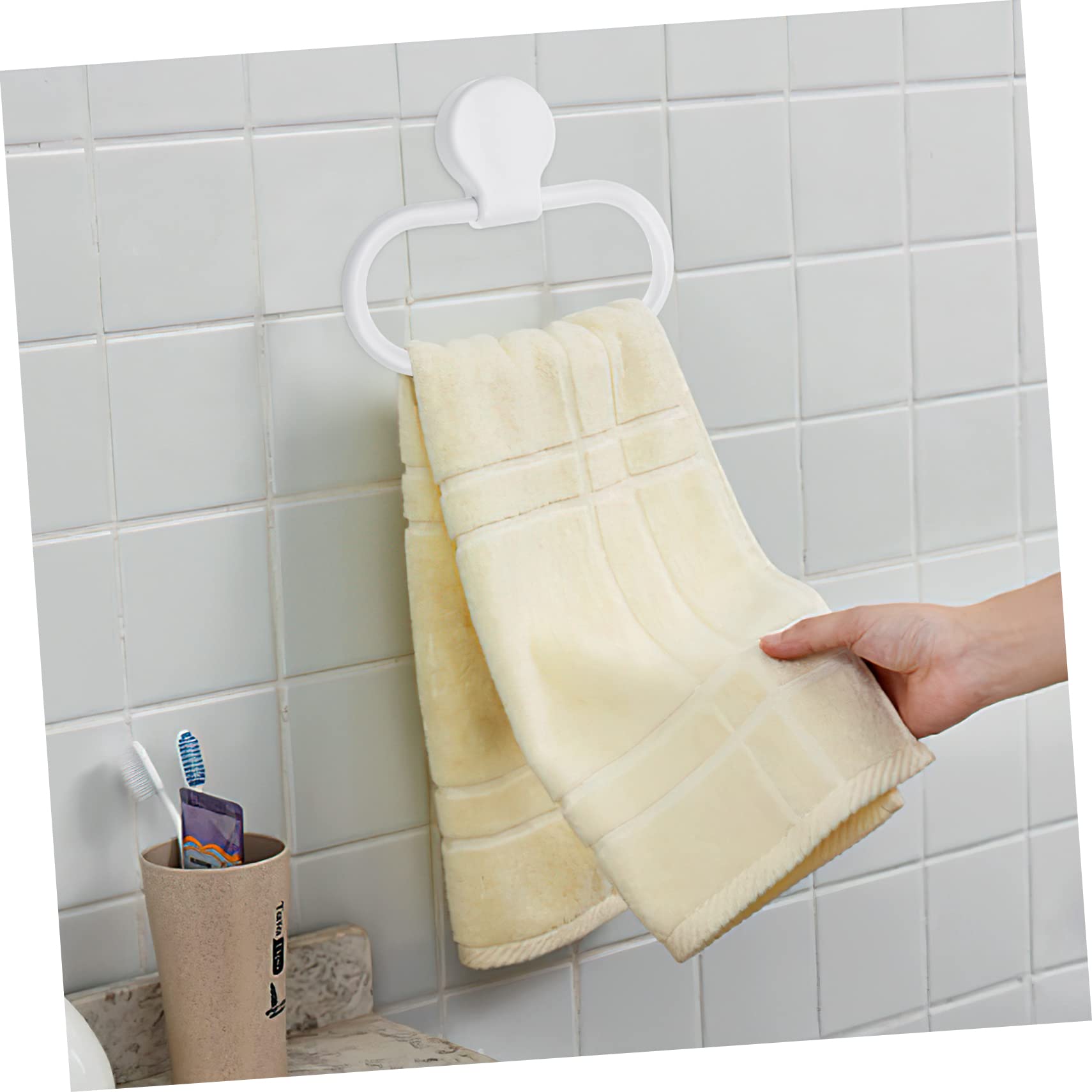 Angoily Self Adhesive Hand Towel Ring Adhesive Hand Towel Holder Towel Rings Suction Cup Towel Hook Bathroom Hardware Wall Mounted Hooks Kitchen Towel Rack Round Hanging Towel Rack White