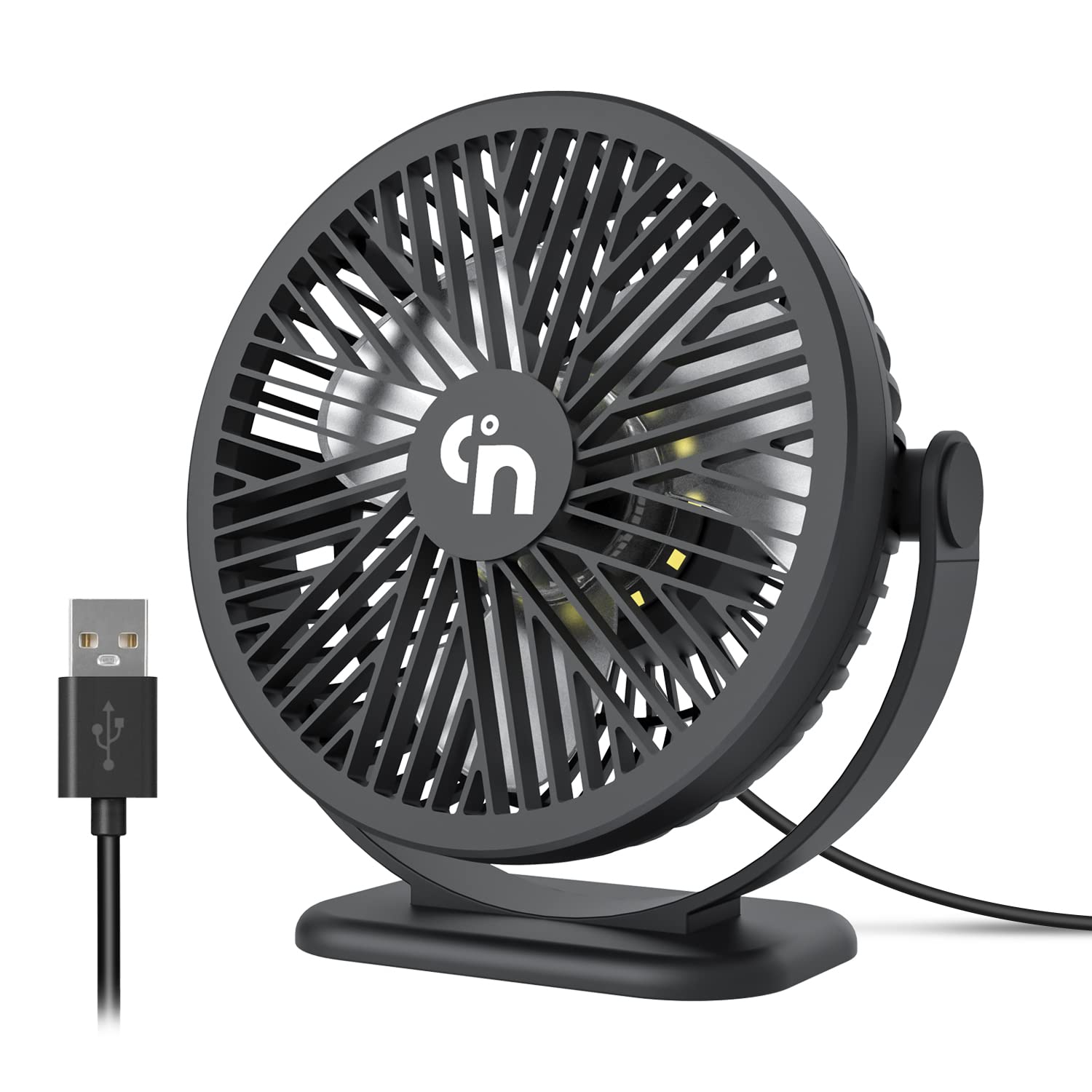 WiHoo USB-Schreibtischventilator, klein, leise, elektrisch, einsteckbar, 3 Geschwindigkeiten, Schreibtischkühlung, Mini-Ventilator mit LED-Nachtlichtern, 360° drehbar, kleiner Schreibtischventilator