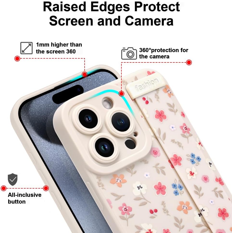Case for iPhone 15 Pro Max Silicone Phone Case with Strap for Women Girls Cute Floral Flowers Pattern, Adjustable Soft Finger Strap Kickstand Protective Cover, Floral - Image 2