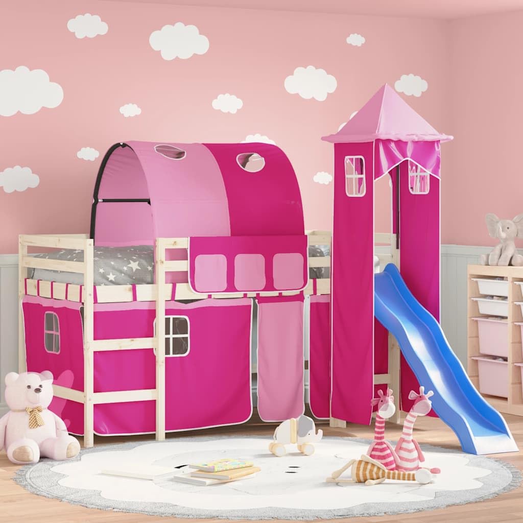 Vorhänge für Hochbett mit Tunnel und Turm Rosa aus Polyester, 7-teiliges Set mit Aufbewahrungstaschen, praktische Befestigung, Zubehör für Kinderzimmer, Indoor-Spielplatz, langlebiger Stoff