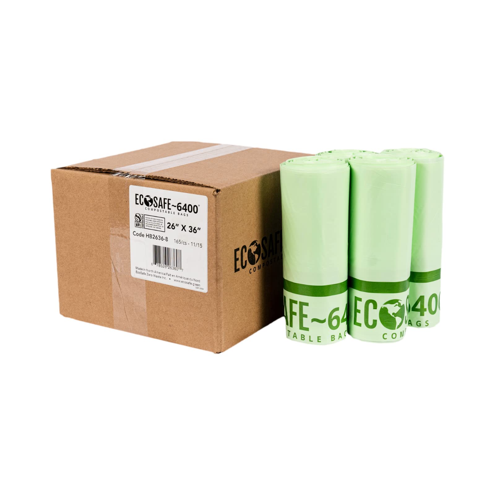 EcoSafe-6400 HB2636-8 Certified Compostable Bag - 26x36" Green Bags for 20 Gallon Bin - Extra Strong Leak, Puncture and Tear Resistant Food Scraps Bin Liners, Pack of 165