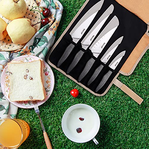 Hecef Vintage Style Kitchen Knife Sets,Scratch Resistant Camping Matte Knives With 5 Slots Recycled Oxford Cloth Knife Roll Bag & Covers,Stonewashed High Carbon Stainless Steel Blades & Hollow Handle #TOP6