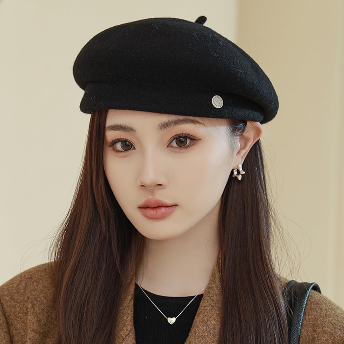 LumiSyne Beret Hat Women Classic French Style Wool Blend Solid Color with Metal Decoration Adjustable Artist Hat Painter Hat