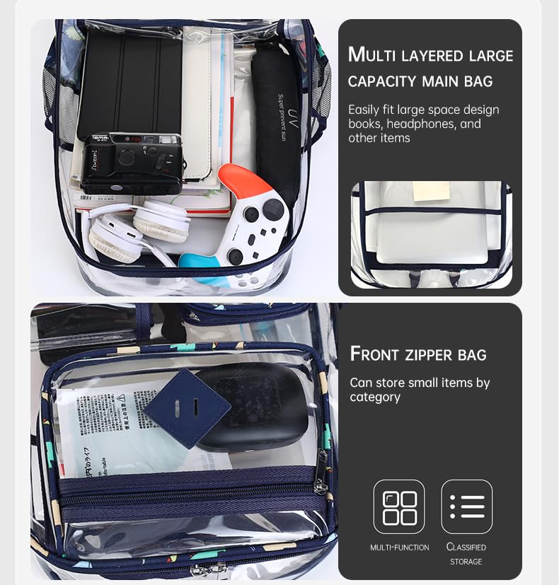 Clear Backpack-Heavy Duty PVC clear backpack for Stadium/Travel/Work,Dual Zippered Compartments&Mesh Side Pockets (white)4