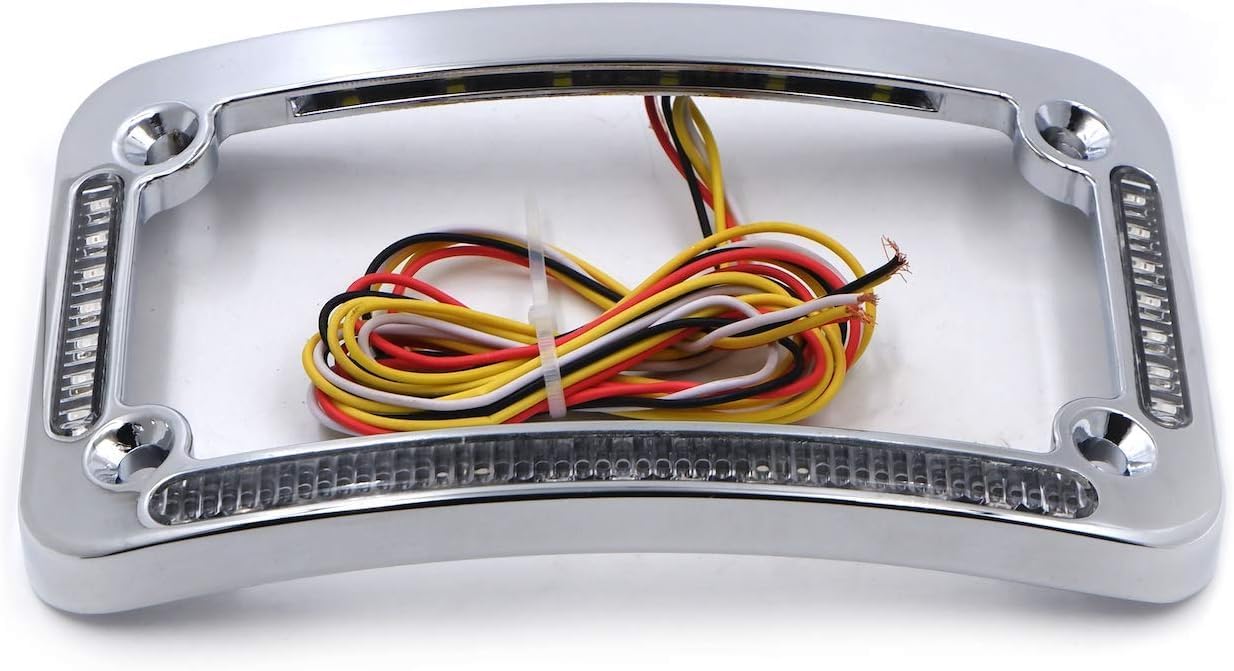 Curved LED License Plate Frame Red/Amber Running Brake Turn Signal Light, Universal Fit for Custom Chopper, Bobber, Springer, and Cafe Racer Motorcycles