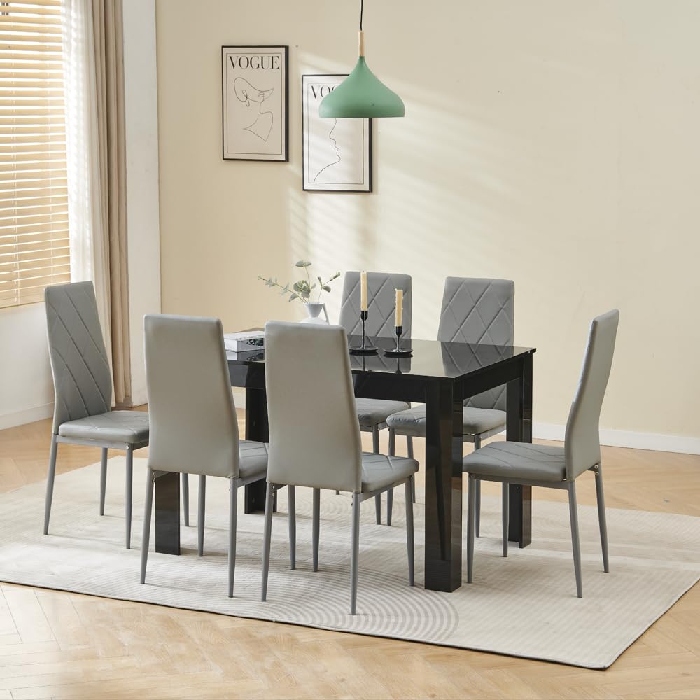 Menaka Wood Dining Table and Chairs Set of 6, Small Rectangular Kitchen Dinner Table with 6 Seaters (Argyle Grid Grey Leather Chairs, 120m high gloss black table, 6 seaters)