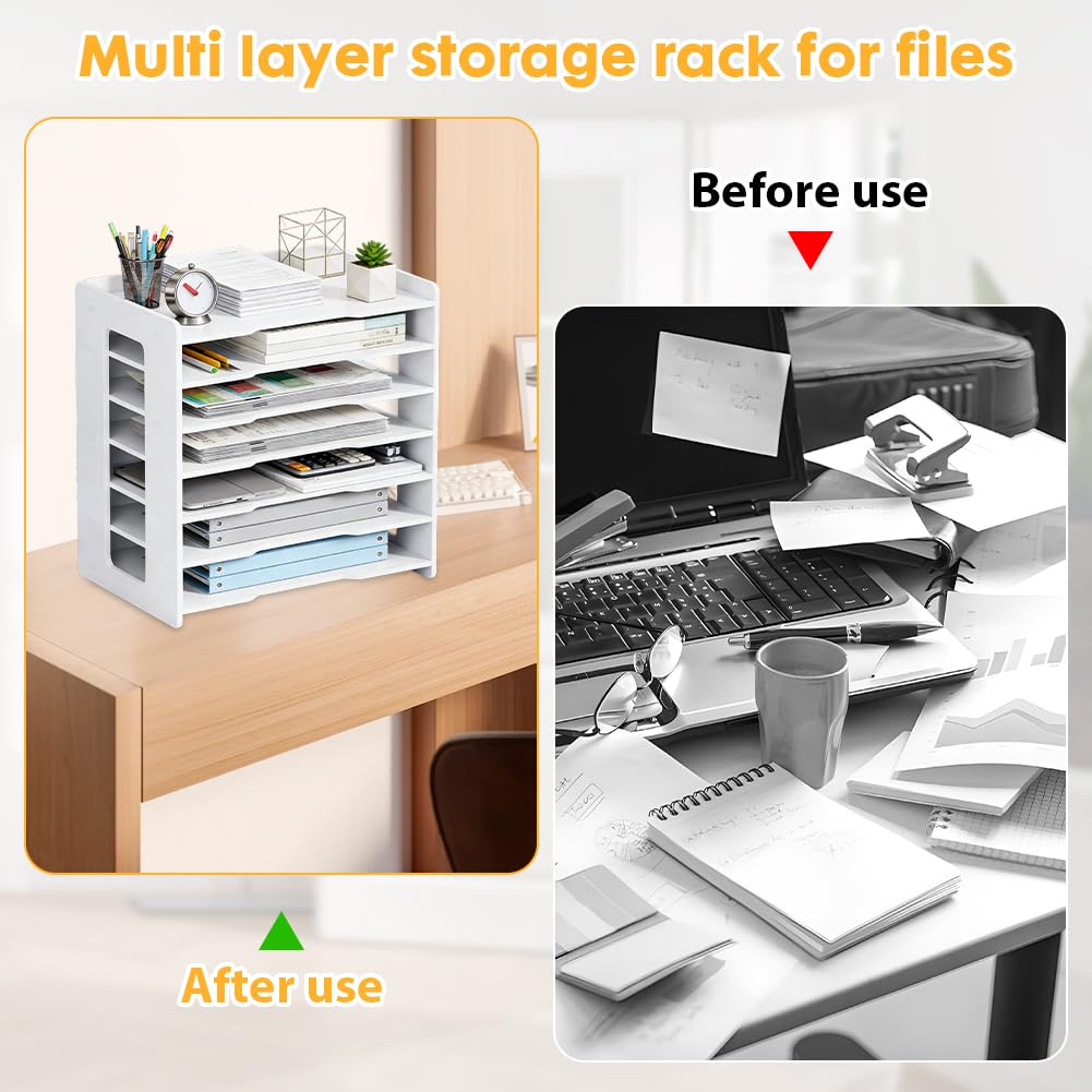 Organizer da scrivania formato A4, vassoio per lettere, porta documenti, formato A4, organizer per documenti, organizer per casa, ufficio, scuola (bianco, 7 ripiani)