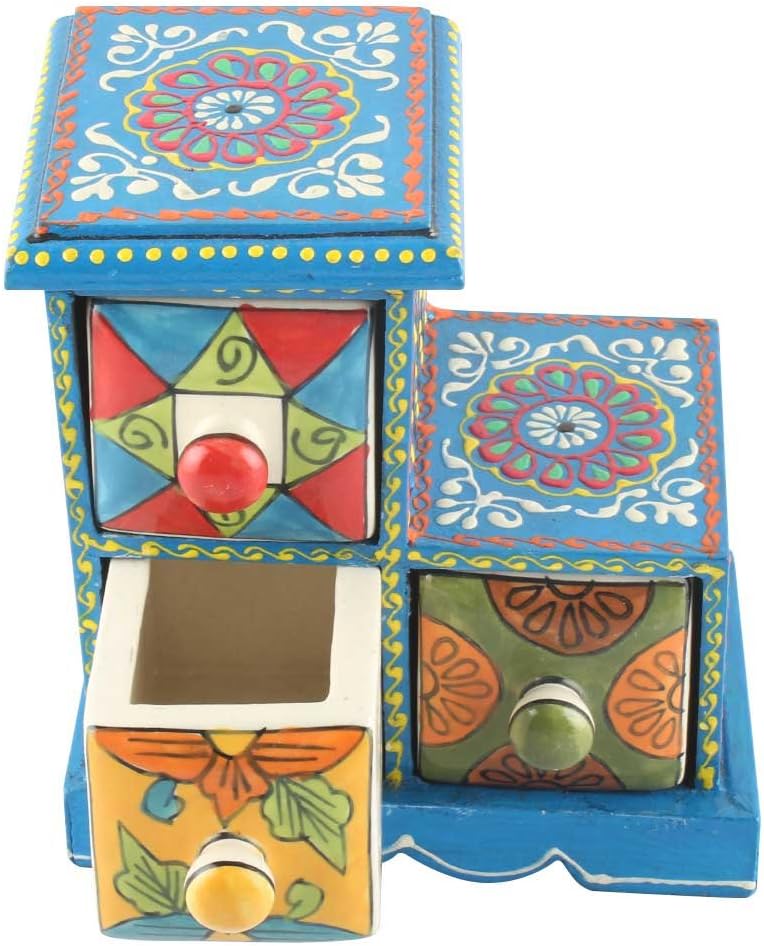 Indian Shelf 1 Piece Vocalforlocal Handmade Multicolor Wooden 3 Step Drawer Floral Pattern Spice Box Seasoning Masala Organizer Rack Jewellery Container