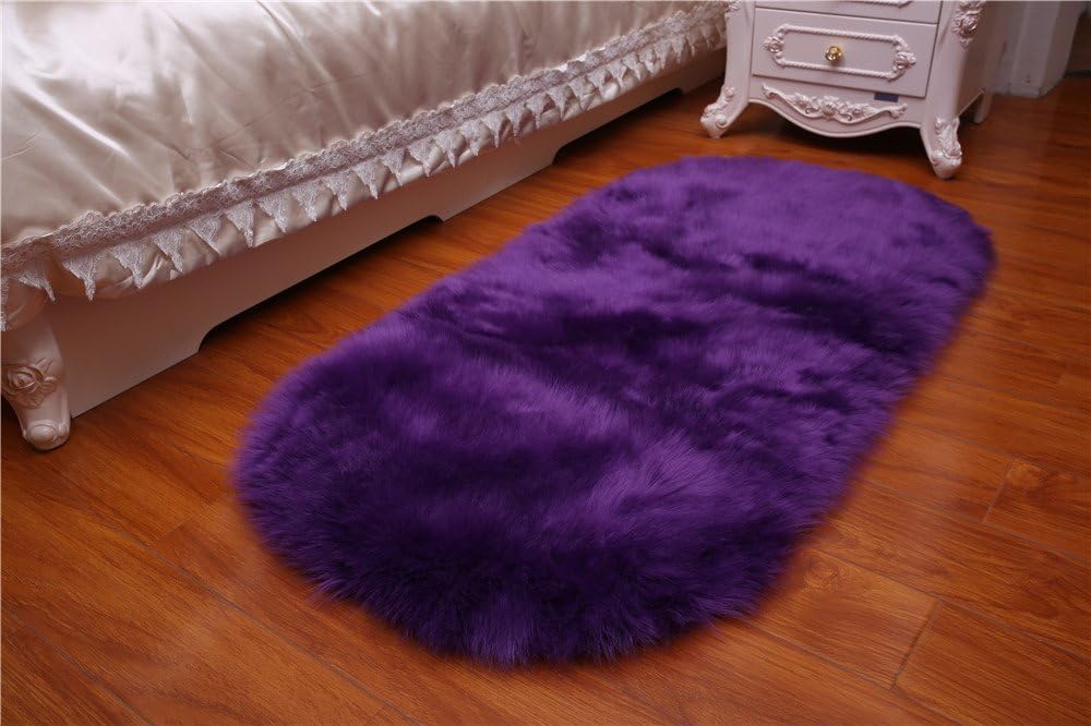Long Faux Fur Artificial Skin Rectangle Fluffy Chair Seat Sofa Cover Carpet Mat Oval Shaggy Area Rug Living Bedroom Home Decoration (2ft x 3ft, Purple)