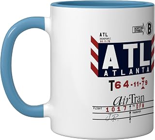 ATL Atlanta Hartsfield Jackson Airport Tag Retro Travel Ceramic Mug, Blue/White