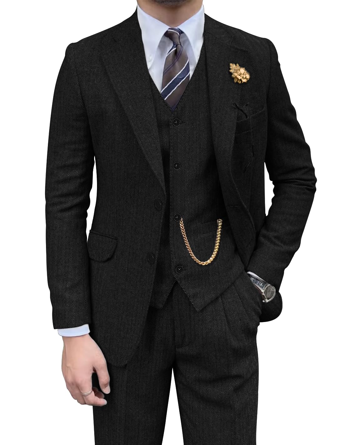 Retro Mens 3 Piece Suit Tweed Herringbone Slim Fit Suits Groomsmen Brown Tuxedos Set Prom Jacket Blazer Vest Pants for Men, Black, S