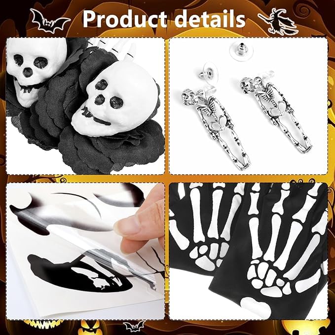 ALUNME Halloween Black Death-Themed Accessory Set - Skull Headband, Earrings, Gloves & Stickers, Ideal for Party & Cosplay Props - Image 2