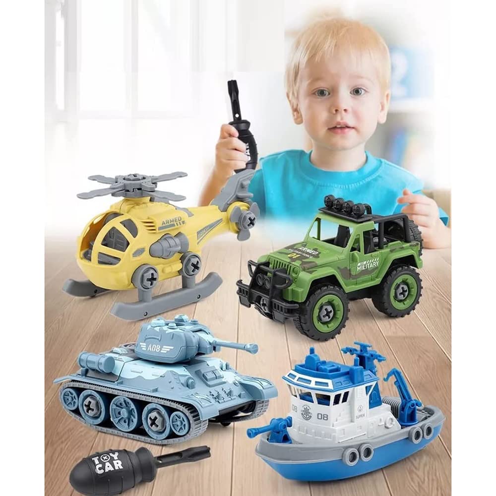 DUWOL Military Army Foldable Vehicles Car Toy 4 Pack with Screwdriver Toy, DIY Kids STEM Toys Including Helicopter, Jeep, Tank and Boat for Toddlers Birthday Gifts for Boys 3