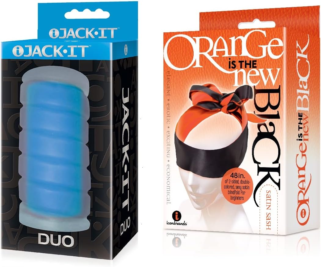 Sexy Gift Set Bundle of Jack-It Duo, Sky Blue and Icon Brands Orange is The New Black, Satin Sash, Reversible Blindfold/Restraint