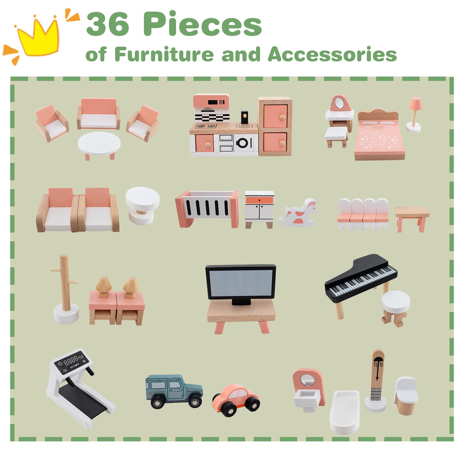 HOMASIS Casa delle Bambole in Legno per Bambini con Scale e Balconi Integrati, Casa delle Bambole d'Angolo con Tetto Verde 36 Mobili e Accessori, Casa da Gioco per Bambini 3+ Anni