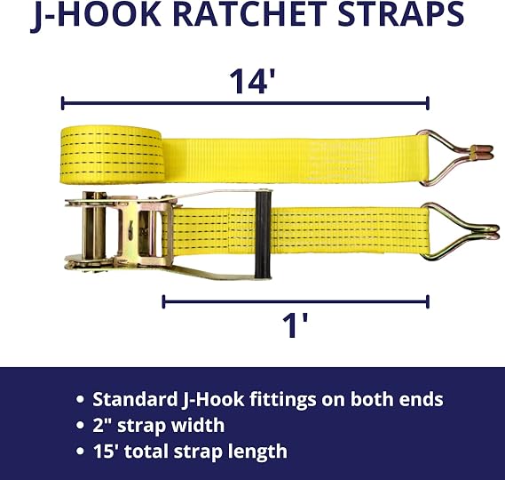 Ratchet Tie Down Straps, 2 in x 15 ft, 5,000 lb Breaking Strength, J-Hook, 4-Pack