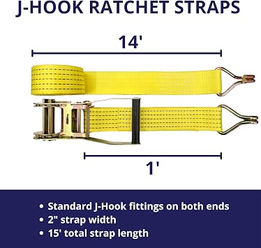 Ratchet Tie Down Straps, 2 in x 15 ft, 5,000 lb Breaking Strength, J-Hook, 4-Pack