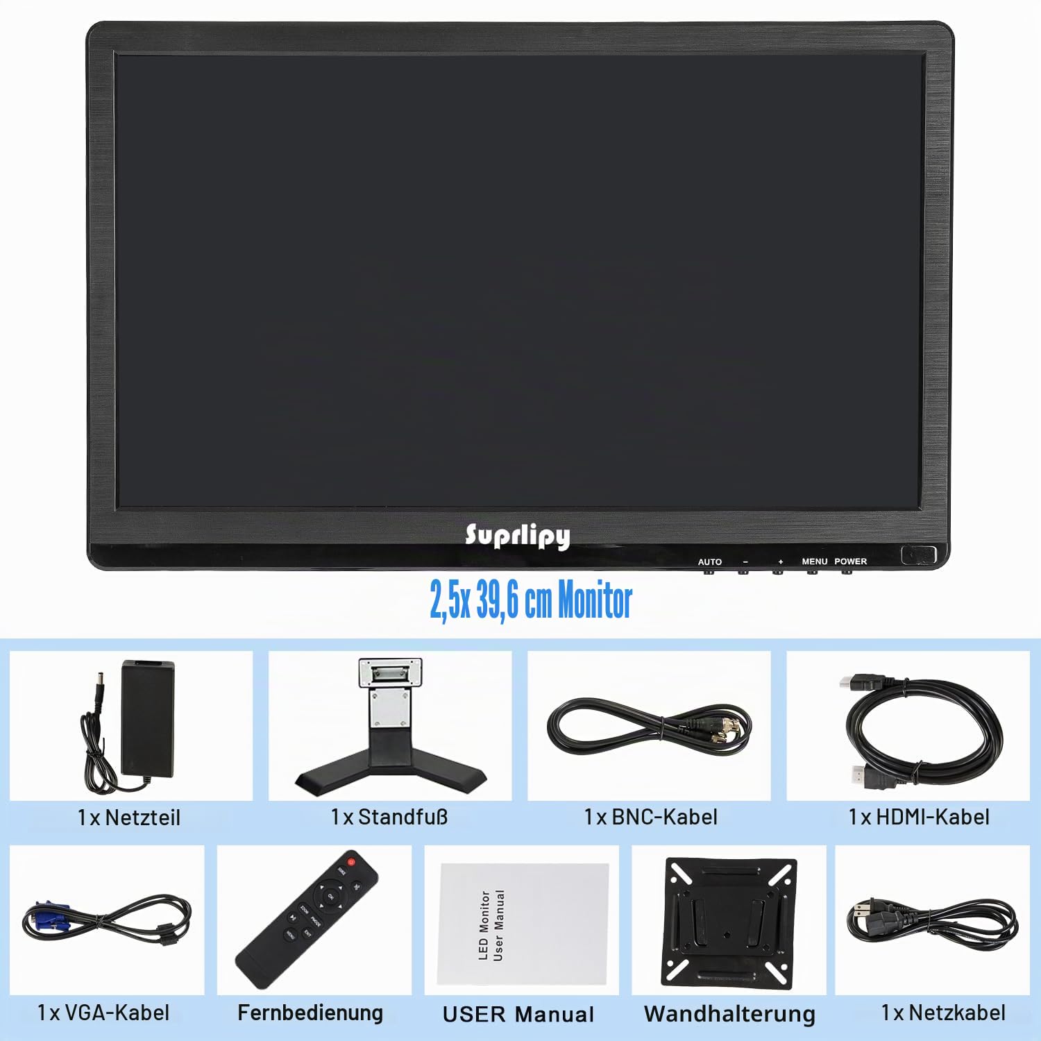 15,6 Zoll FHD Kleiner IPS-Monitor LCD-Bildschirm 1920x1080 60Hz 16:9 mit BNC VGA AV-Eingang Eingebaute Lautsprecher für CCTV-Überwachungskamera DVR PC RasPi
