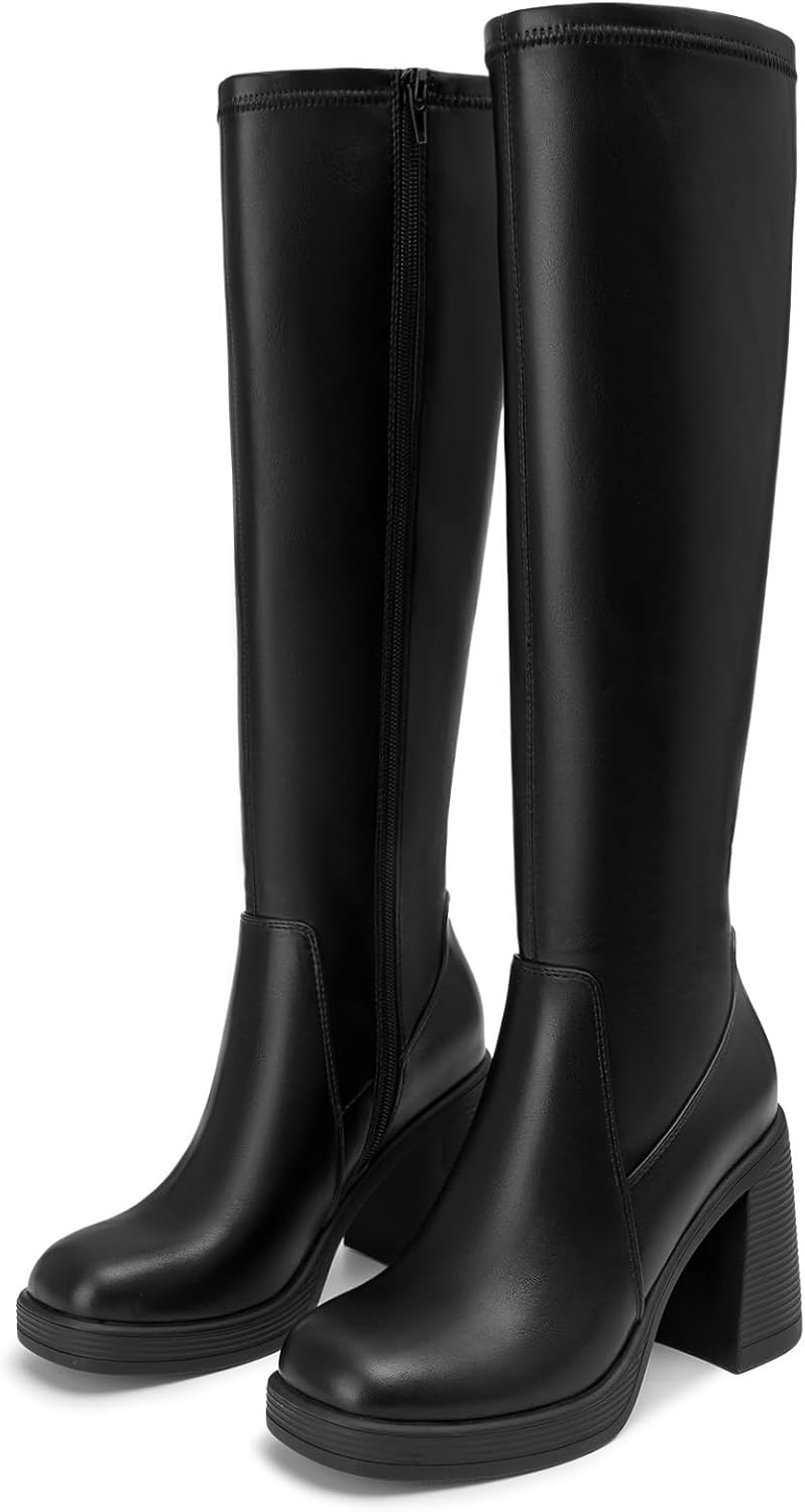 Athlefit Knee High Boots for Women Square Toe Platform Chunky Heel Stretchy Tall Boots with Side Zipper