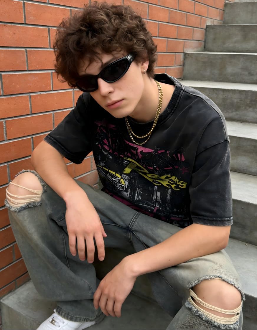 QJQ Men's Graphic Tees Short Sleeve Crewneck T Shirts Cyberpunk Vintage Cool Acid Wash Shirts Y2K Tops Streetwear Black - Image 5