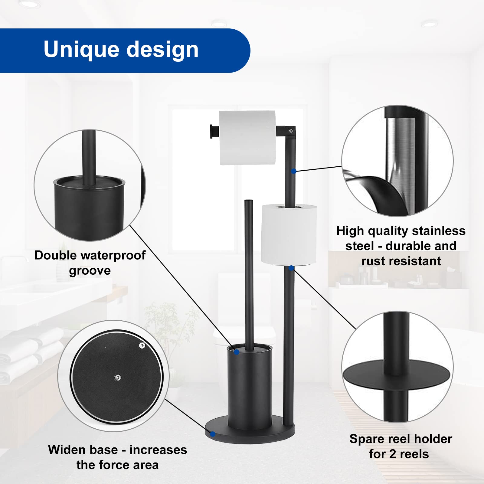 Portarotolo Carta Igienica da Terra con Scopino Acciaio Inox Piantana Portarotolo Nero Porta Rotoli Cartaigienica con Spazzolino WC Senza Forare, in Piedi