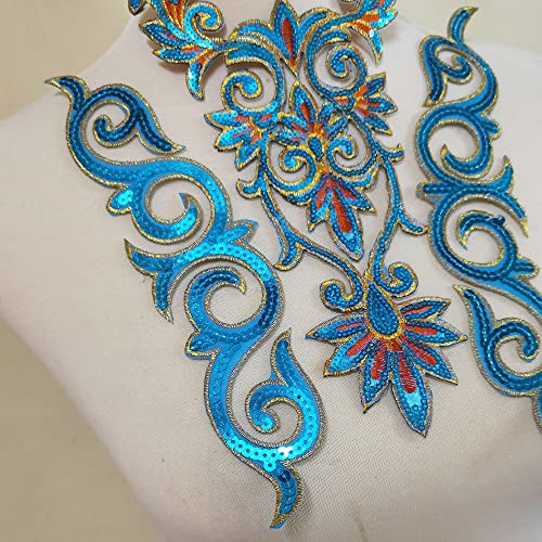 5Pcs Sky Blue Big Flower Sequins Embroidered Diy Applique Iron Patches #TOP1