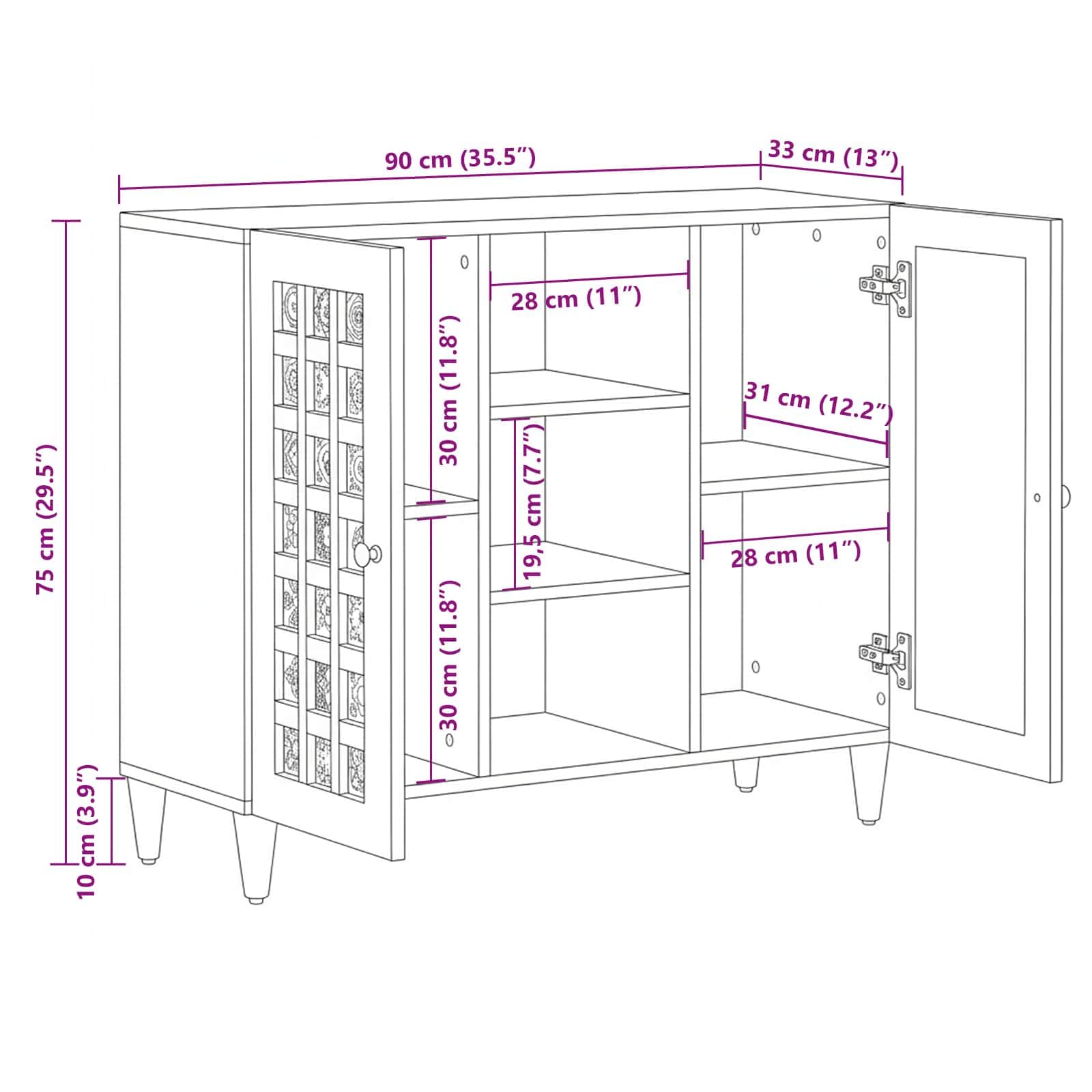 Credenza in noce con ripiano, in legno massiccio di mango, 90 x 33,5 x 75 cm, mobile basso con 2 ante a cerniera e spazio per TV, HiFi, CD, DVD, vinile, console di gioco, ricevitore