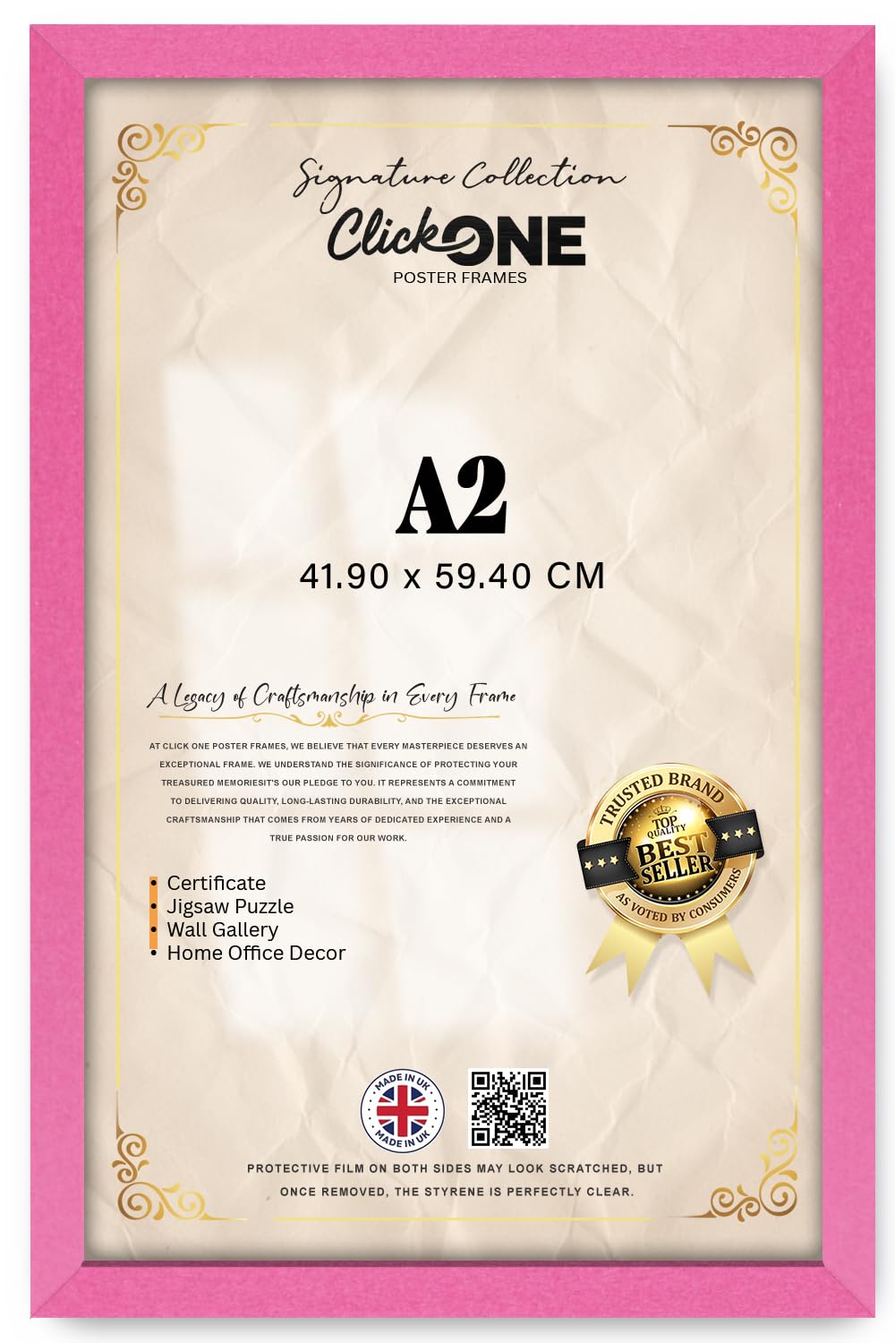 Click One Pink Photo Frame A2-42 × 59.4 cm Poster Display with UV Protection Acrylic Hanging Hardware for Wall Mounting Display Picture Vertically or Horizontally MDF backboard