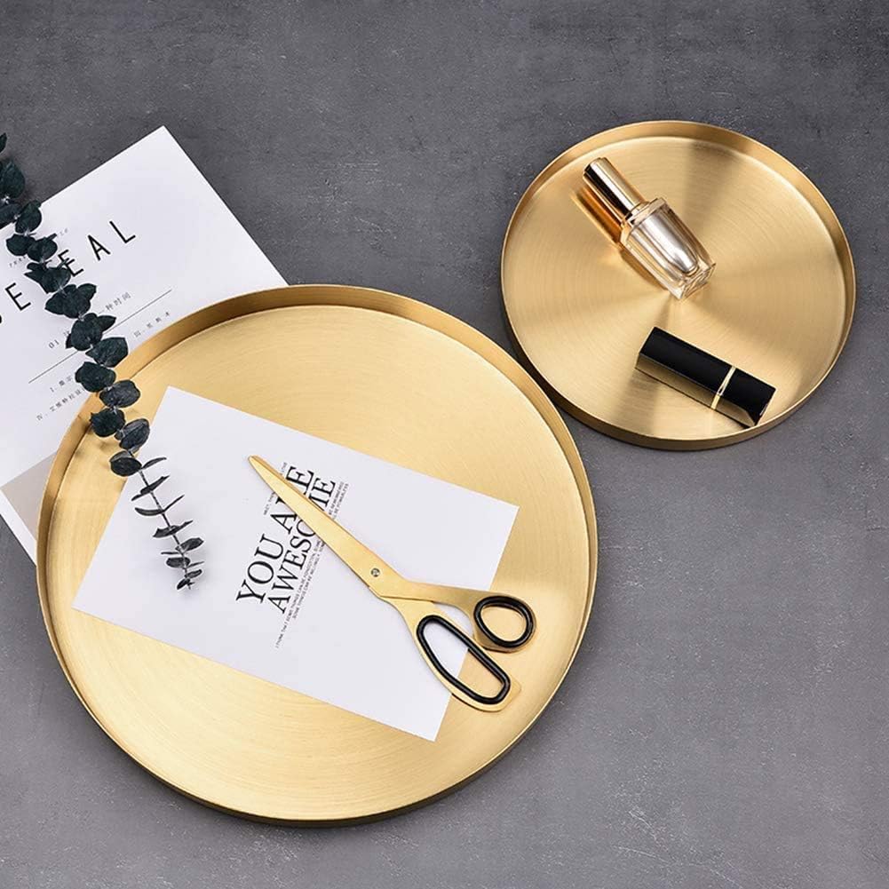 Bzocio Round Gold Tray,Metal Decorative Tray Makeup Tray Organizer for Vanity,Bathroom,Dress,Matte Brass Finish, 4.9 Inch : Home & Kitchen