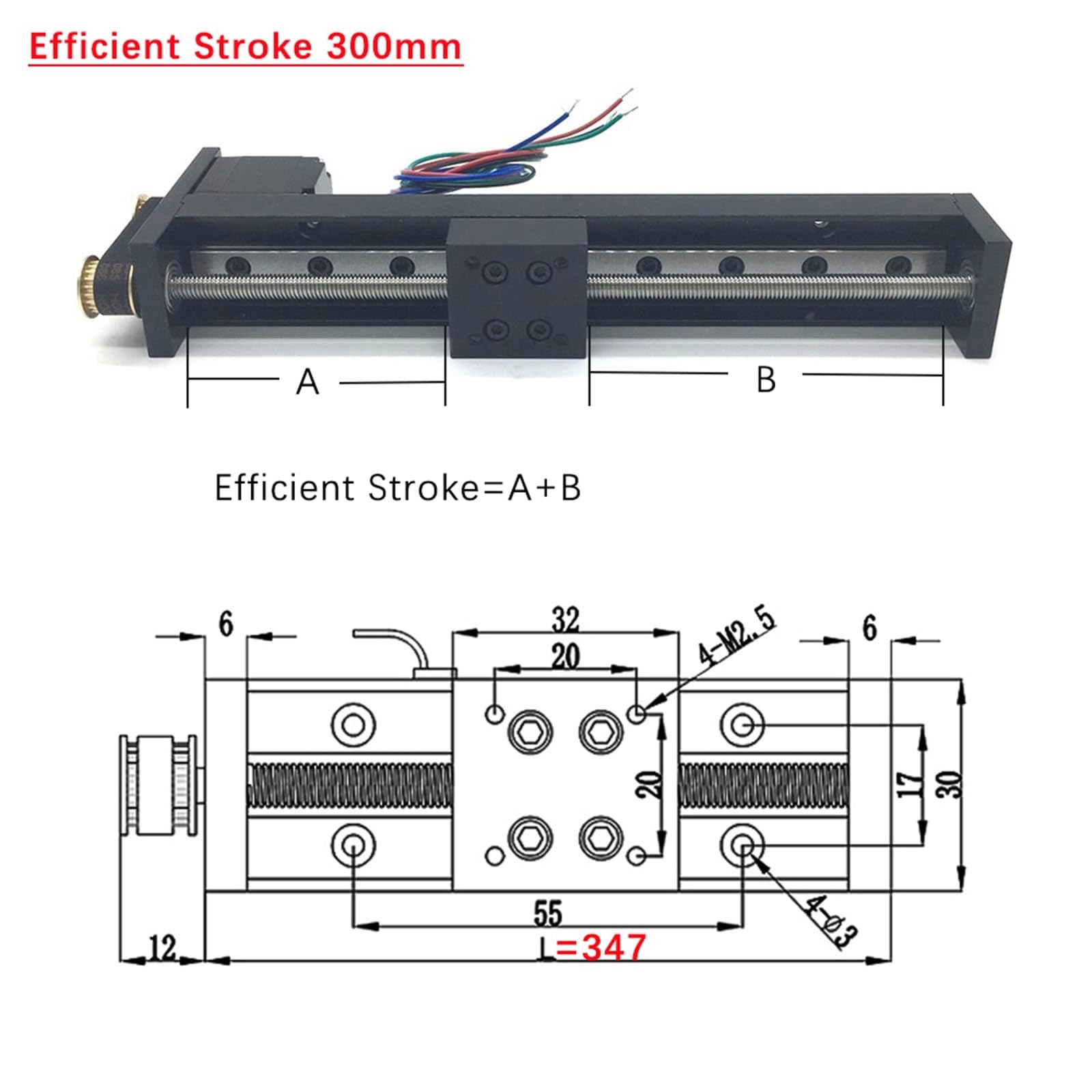 Modulo lineare da tavolo scorrevole, vite trapezoidale, binario di linea del motore Nema11, mini puleggia sincrona da corsa da 50 mm a 300 mm, fai da te (passo 300 mm, 1 mm)