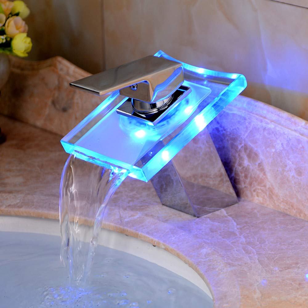 LED瀑布水龙头 冷热水 台上盆卫浴温控变色发光玻璃洗脸盆水龙头