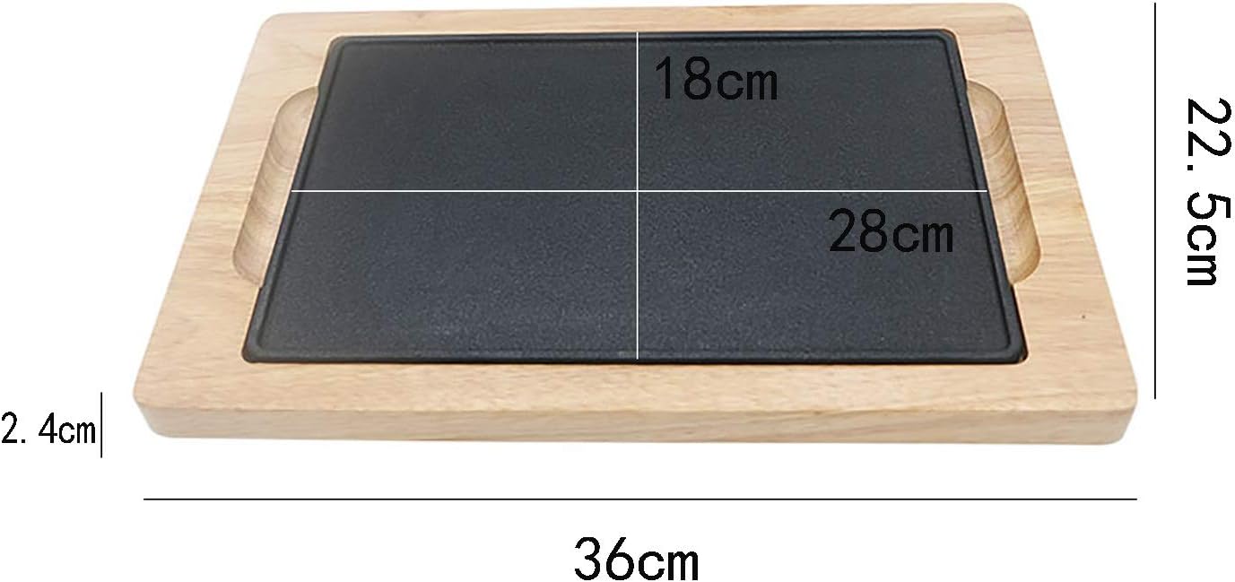 Teppanyaki Plate,Large Cast Iron Steak Plate,Griddle with Wooden Base, Steak Pan Grill Server Plate, Household Use or Restaurant Supply-A||28 * 18cm