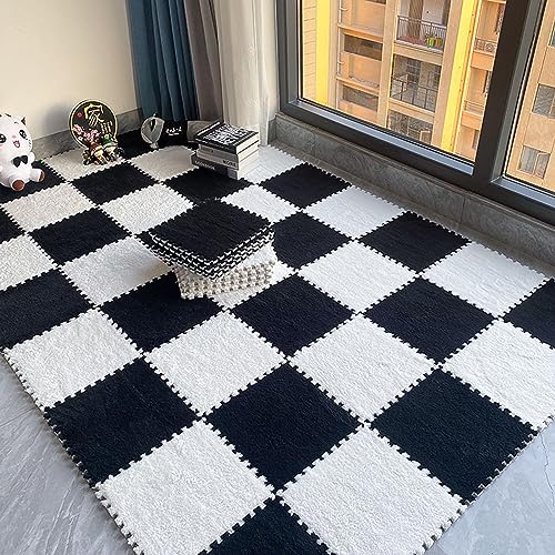 10 Stück 12x12 Plüsch-Puzzle-Schaumstoff-Bodenmatte Mit Rand, Quadratischer, Ineinandergreifender Teppich, Flauschiger Teppich, rutschfeste Spielmatte Für Wohnzimmer Und(Color:Black+White)