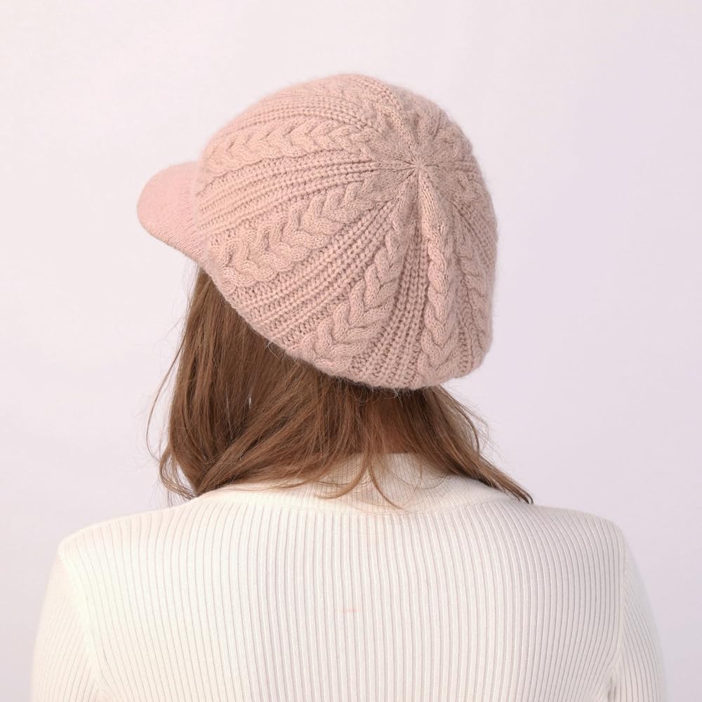 Women's Winter Knit Beanie with Brim, Cable Knit Newsboy Cap, Warm Soft Slouchy Hat for Cold Weather