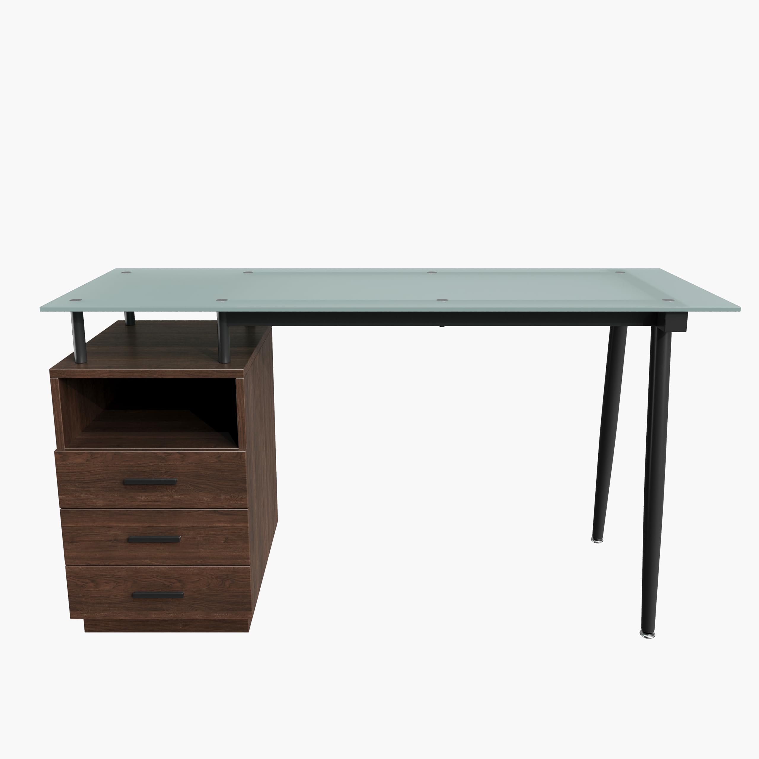 Moderno escritorio 130 x 50 x 75 cm, marrón, placa de cristal, estructura tubular de acero, tres cajones, compartimento abierto, cristal esmerilado templado, asas negras