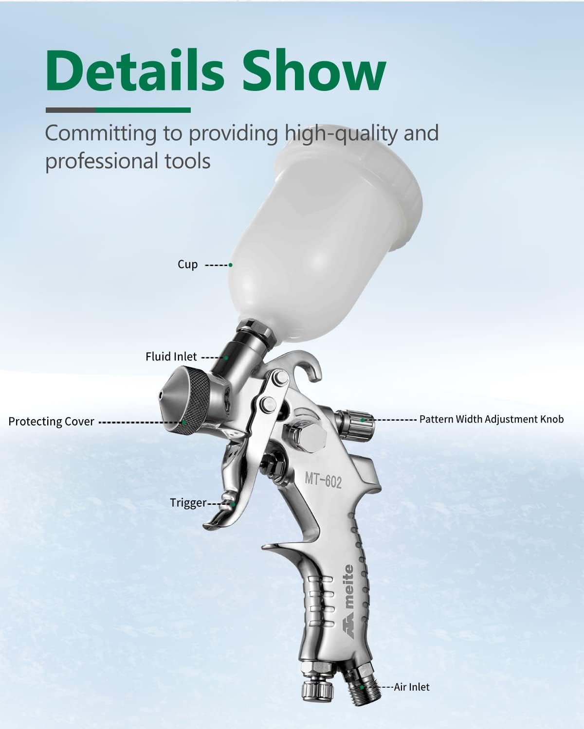meite 0.8mm Nozzle 30 PSI Gravity Feed Professional Mini Air Spray Gun with 100ml Central Cup - MT-602-08R Heavy Viscosity Paint Guns Automotive, Car Paint Gun Sprayer, Paint Gun for House Painting