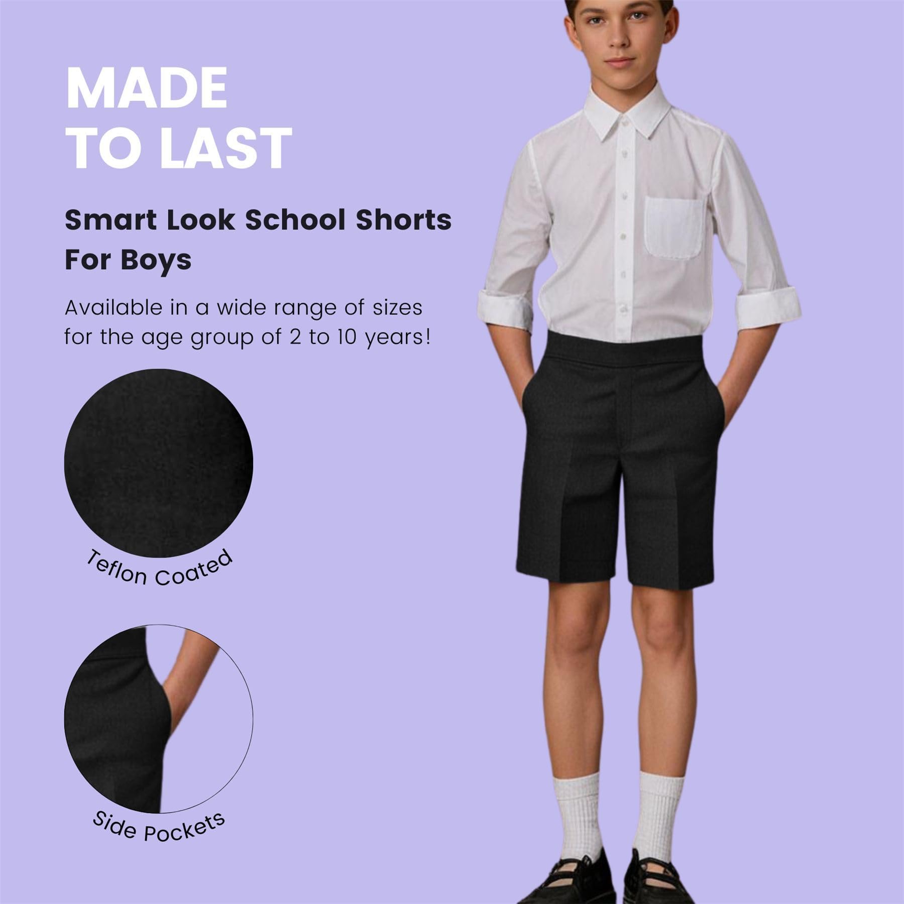 Pantaloncini per uniforme scolastica per ragazzi, confezione da 3 pezzi, lunghezza al ginocchio, metà elastico sul retro, pantaloni corti rivestiti in teflon, con tasche, età 2-13 anni