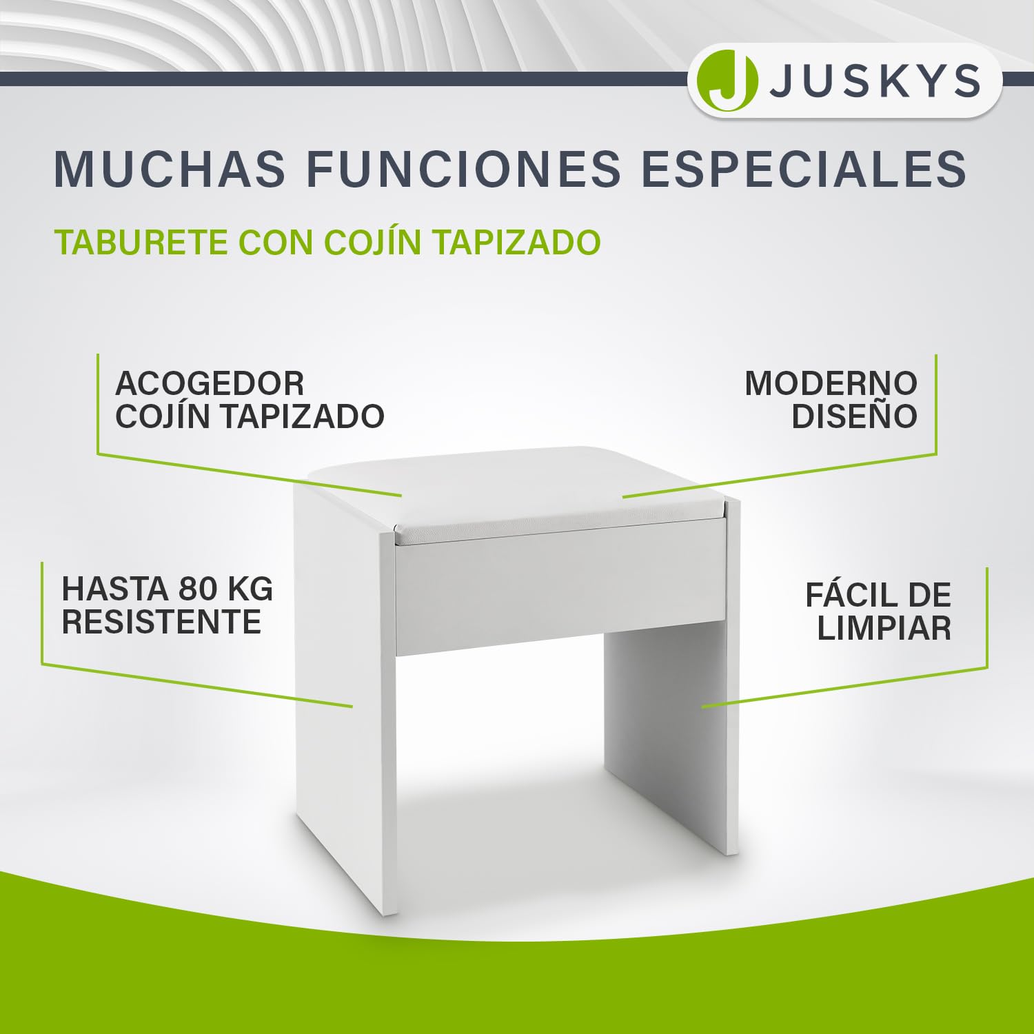 Juskys Tocador Melly Con Taburete - Madera Con Cojín Acolchado y Funda de Polipiel - Moderno y Acolchado de 40 x 30 x 43 cm en Blanco