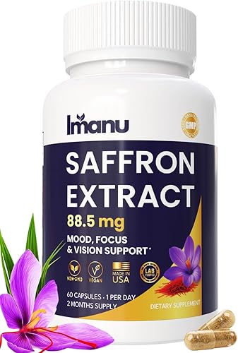 Imanu Suplementos de azafrán  Extracto de azafrán puro 88.5 mg  Apoyo al estado de ánimo, enfoque y visión  Cápsulas de azafrán vegano natural, sin
