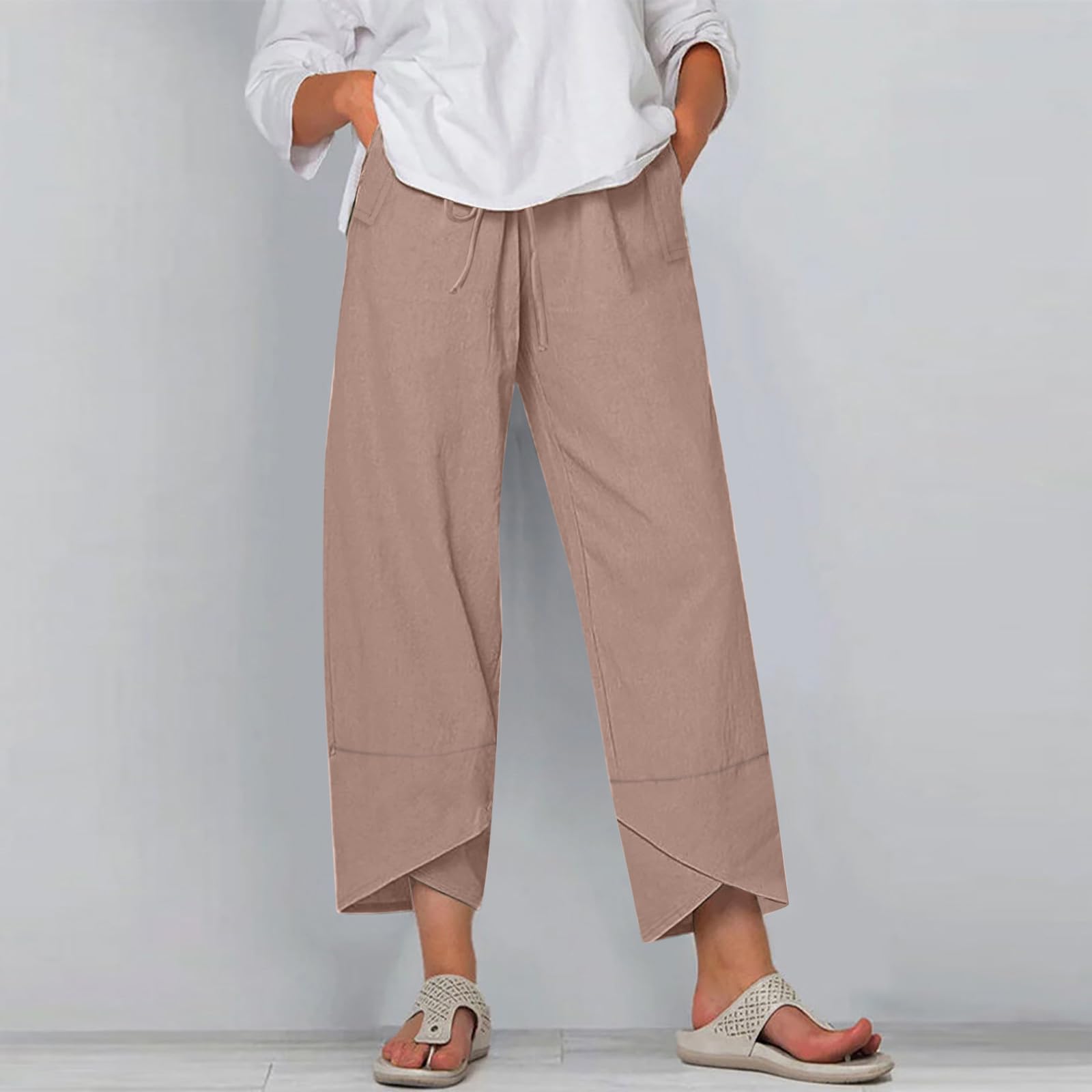 Capris Women Casual Linen Pants High Waist Womens Fall Fashion 2023 Comfy Tulip Hem Pants Cropped Trousers Pockets