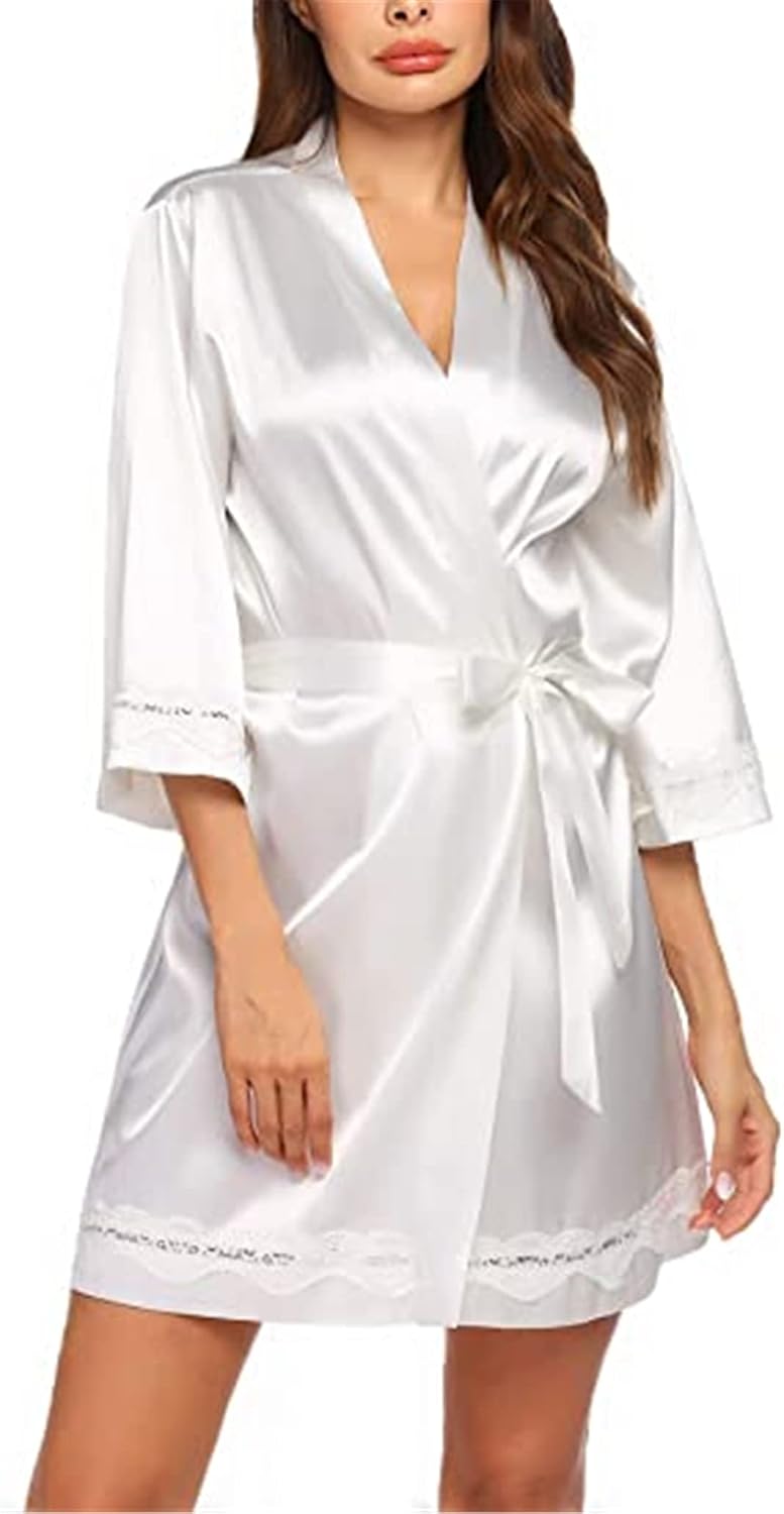 Women Sexy Lingerie Silk Bathrobe Short Kimono Sleepwear Deep V Bridesmaid Wedding Party Dress White M