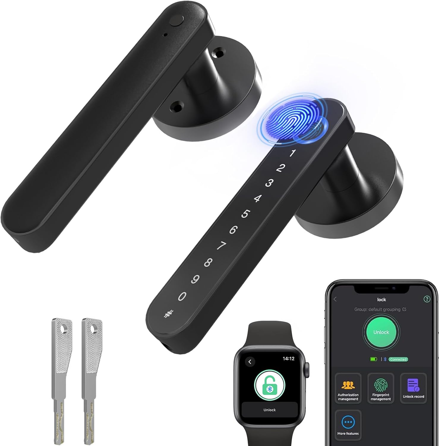 Fingerprint Handle Door Lock Smart Door Lock Levers eLinkSmart Keyless Entry Door Knob for Bedroom Back Front Door Bluetooth App Phone iOS Watch Black