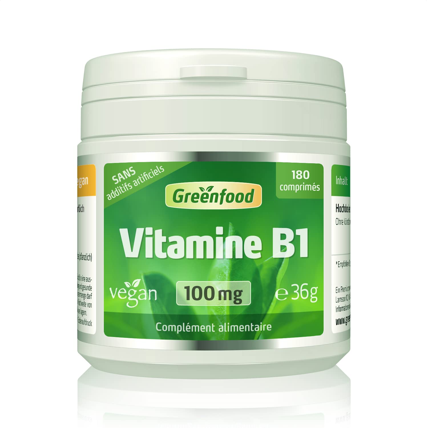 Greenfood Vitamine B1, 100 mg, dose élevée, 180 comprimés, vegan, sans additifs artificiels - Sans génie génétique.