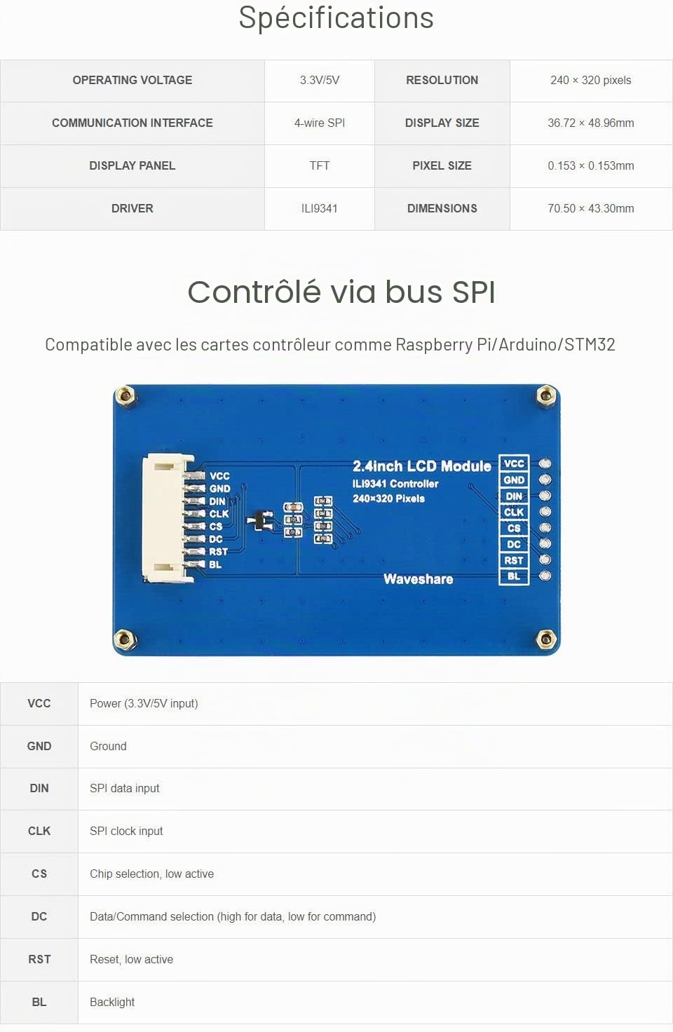 Waveshare 2.4inch LCD TFT Display Module Support 65K RGB Colors, 240x320 Resolution,with SPI Interface,Embedded ILI9341 Driver,Using SPI Bus