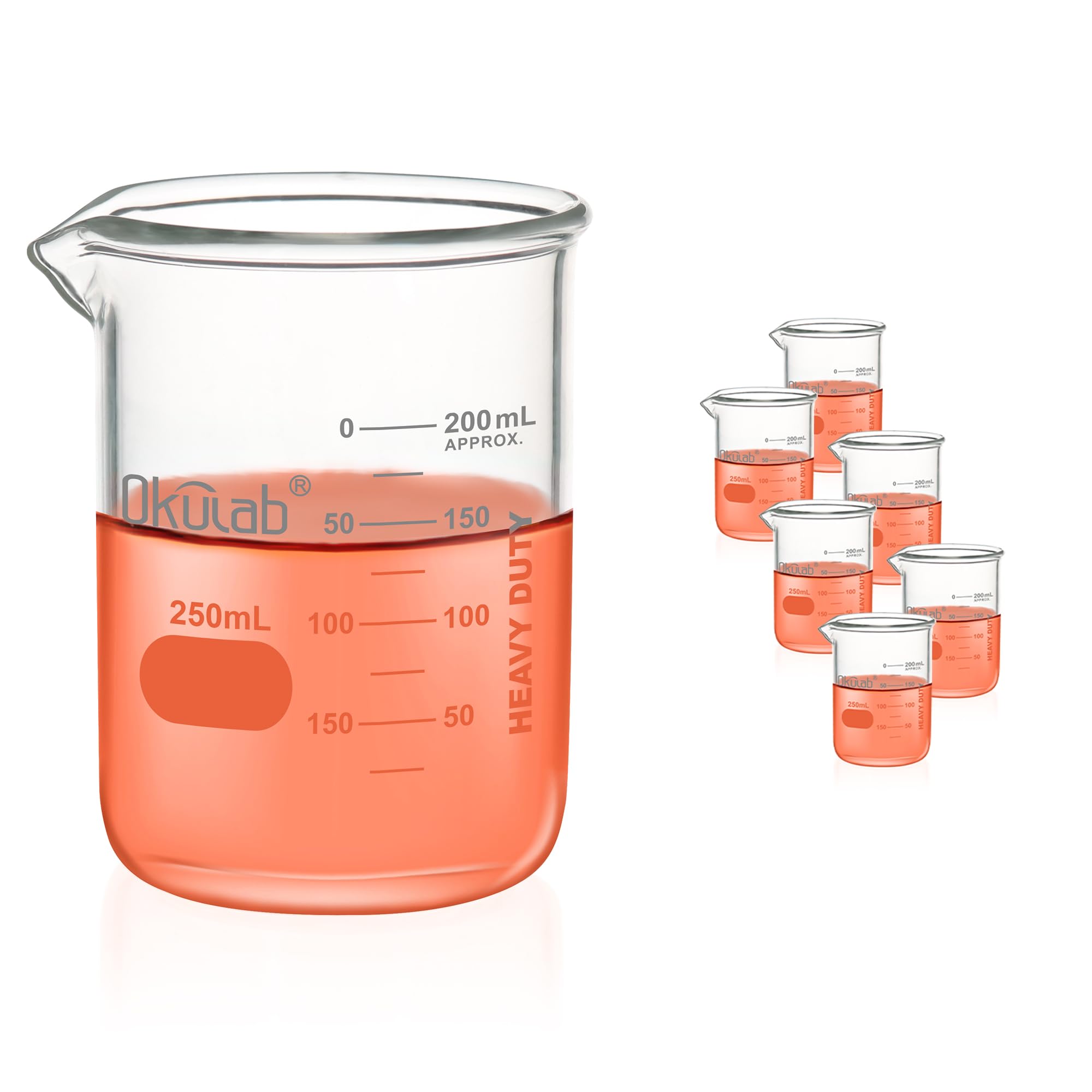 Vaso de precipitados, 6 piezas de Vol.250 ml, forma baja, material de vidrio brosilicato 3.3, con boquilla y graduación impresa. BKLG250B6
