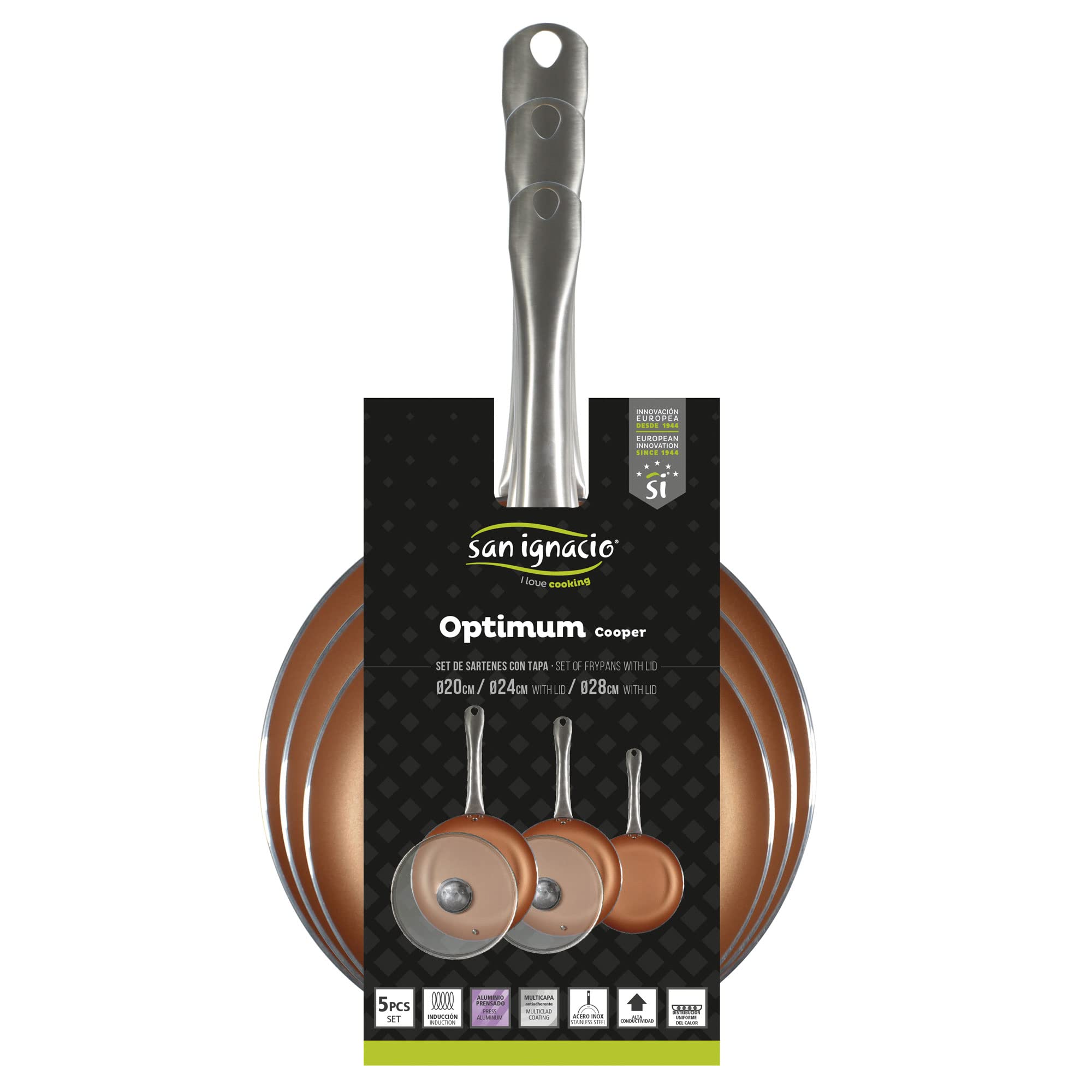SAN IGNACIO Optimum Copper | Sartenes Antiadherentes | Set de 3 Sartenes de 20/24/28 cms de Diámetro y 2 Tapas | Fabricadas con Aluminio Prensado | Revestimiento Multiclad | Todo Tipo de Cocinas