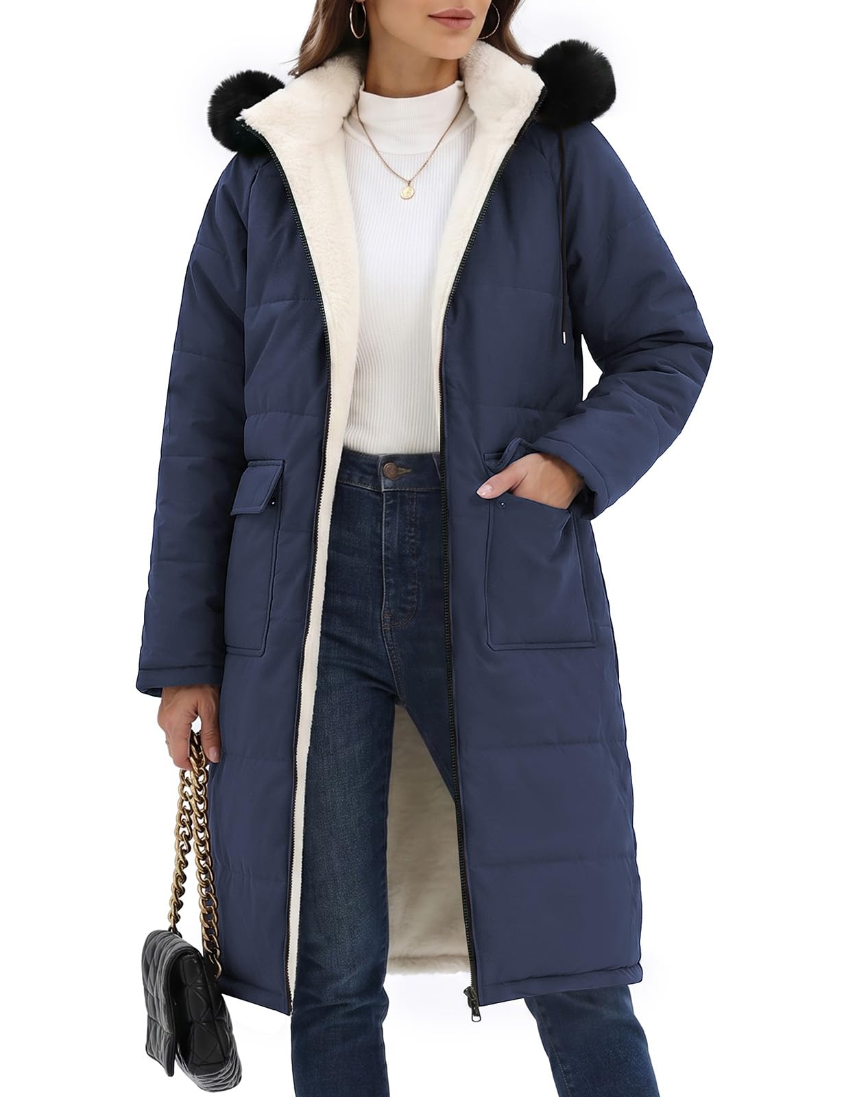 heekpek Manteau Femme Hiver Longue Polaire Veste Blouson Matelassé | Polaire Doublé Manteaux, Épaisse Chaude Blouson, Elégant Zippé Parka Doudoune Coupe Vent, Capuche Amovible
